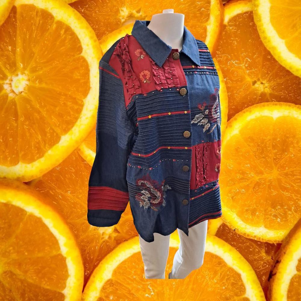 Indigo Moon Bleu And Red Patchwork Button Up 100%… - image 2